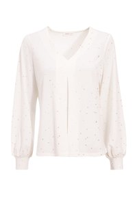Weißes Blusenshirt mit V-Ausschnitt, langen puffärmel und einer mittigen Falte. Verziert mit verstreuten goldenen Blattmustern. Glatte Stoffoberfläche.