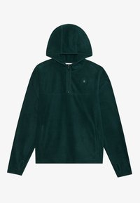 Hoodie de felpa verde escuro com zip de um quarto, capuz, bolso frontal e punhos com buracos para os polegares. Textura suave e design minimalista.