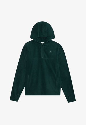 Tume roheline fliisist kapuutsiga sviiter, lühikese tõmbluku, eesmise tasku ja säärega kinnastega. Pehme tekstuur ja minimalistlik disain.