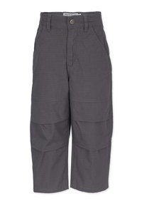 Gray cargo shorts made of lightweight fabric, featuring multiple pockets, a button closure, and contrast stitching details.