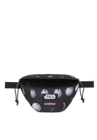Sacoche noire avec motif en forme d'Étoile de la Mort blanche, dotée d'une fermeture à glissière supérieure et d'une sangle ajustable. Patches de logo pour Eastpak et Star Wars affichés de manière proéminente.