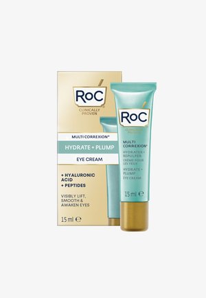 Tubo de crema para contorno de ojos en un envase color teal con acentos dorados, etiquetado "RoC Multi Correxion Hydrate + Plump," empaquetado en una caja dorada. 15 ml.