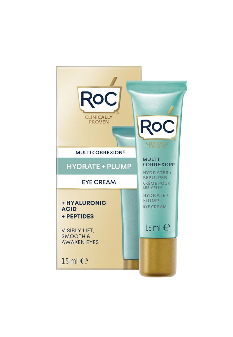 Eye cream tube in a teal container with gold accents, labeled "RoC Multi Correxion Hydrate + Plump," packaged in a gold box. 15 ml.