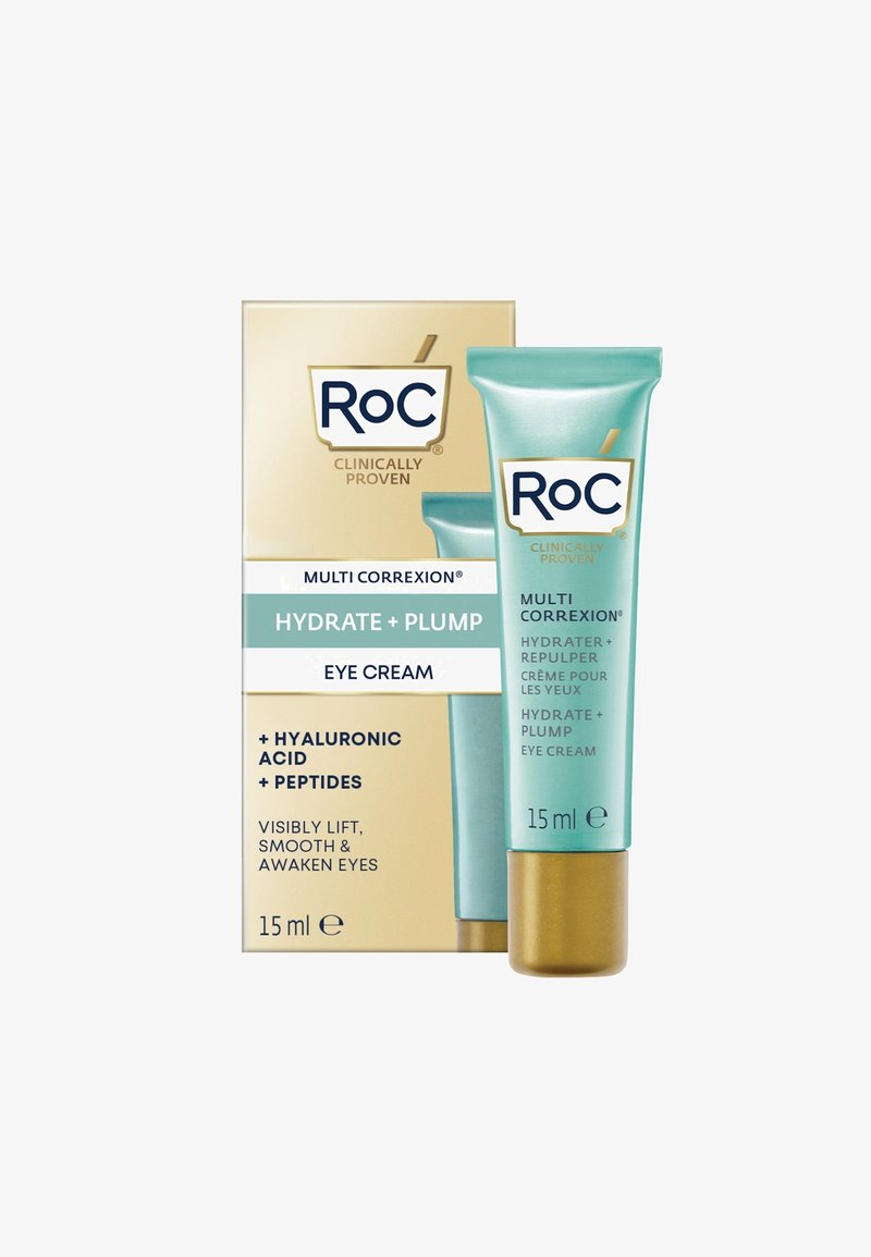 Eye cream tube in a teal container with gold accents, labeled "RoC Multi Correxion Hydrate + Plump," packaged in a gold box. 15 ml.