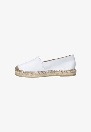 White leather slip-on espadrille with braided jute sole and rubber bottom, side view on plain white background.