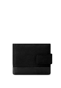 Black fabric wallet with a smooth leather base, featuring a simple design, a secure snap closure, and embossed branding on the side.