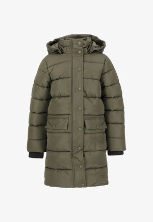 Giacca imbottita verde oliva con cappuccio, bottoni a pressione e due tasche frontali. Presenta polsini a coste e una texture trapuntata per l'isolamento.