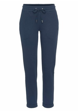 Marinefarbene Jogginghose aus geripptem Material mit elastischem Bund und Kordelzug. Verfügt über seitliche Taschen und umschlagbare Säume.