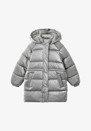 Puffermantel in Silber, mit Kapuze, gestepptem Design, Fronttaschen und weichem Innenfutter. Glattes, glänzendes Außenmaterial.