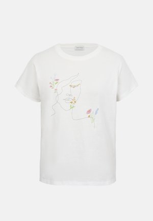 Witte T-shirt met korte mouwen met een doorlopende lijntekening van een gezicht versierd met kleine kleurrijke bloemen op een effen achtergrond.