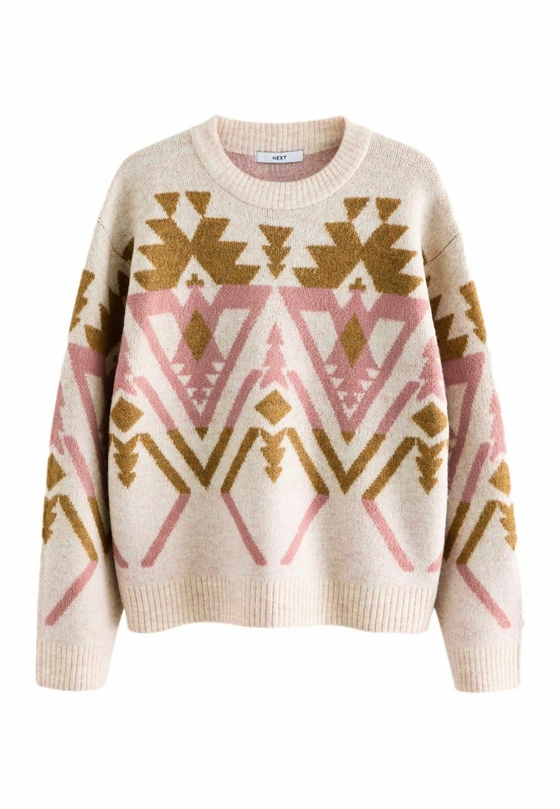 Pull en mélange de laine avec col rond, présentant des motifs géométriques en jaune moutarde et rose sur un fond beige.