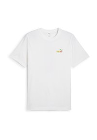 Camiseta blanca de algodón con escote redondo y manga corta. En el frente tiene un pequeño logo multicolor de Puma en el lado izquierdo del pecho.