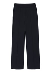 Wijdbenige broek in donkerblauw, met een zachte textuur, hoge elastische tailleband en twee voorplooien voor extra detail.