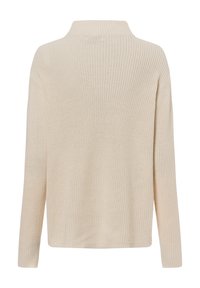 Crème-kleurige gebreide trui met een hoge kraag, lange mouwen en een relaxed fit. Heeft een textuur met een ribbelpatroon overal.