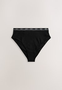 Bikini negro hecho de material suave, con diseño de corte alto y cintura elástica con la marca "NEXT" en blanco.