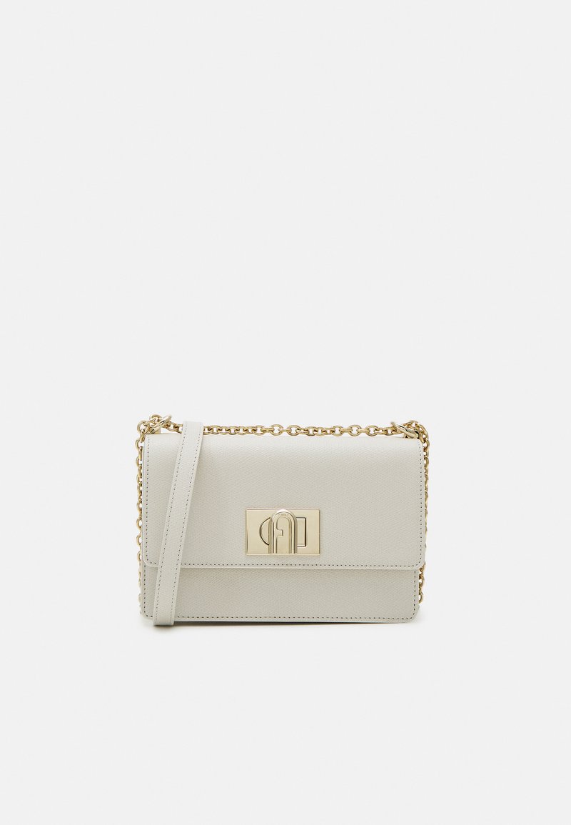 Light gray leather shoulder bag with gold chain strap, front flap, and metal clasp featuring a geometric design. Textured surface and clean lines.