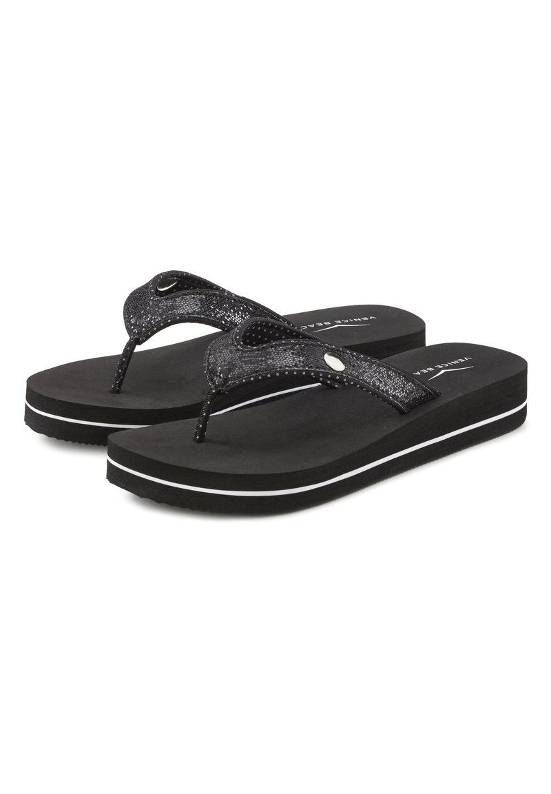 Black flip-flops with a textured strap, silver accents, and a cushioned sole featuring a white side stripe.
