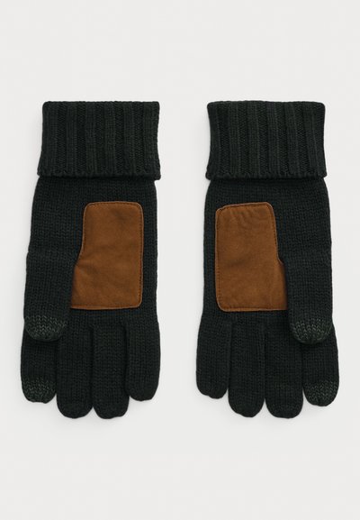 Guantes de punto negros con parches de ante marrón en las palmas y muñequeras acanaladas, mostrados en posición plana con los dedos extendidos.