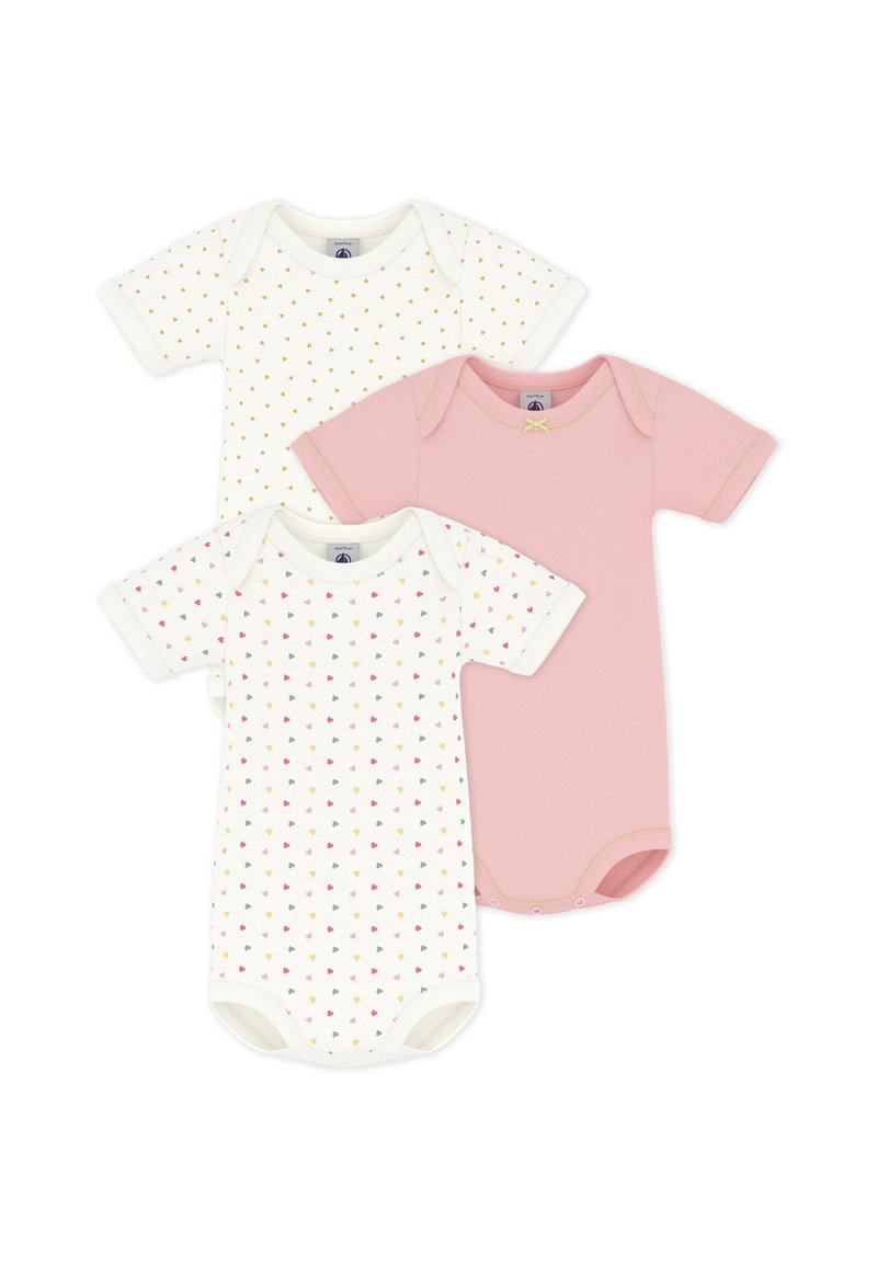 Τρία βρεφικά κορμάκια: ένα λευκό με χρυσές κουκκίδες, ένα λευκό με πολύχρωμες καρδιές και ένα μονόχρωμο ροζ με φιόγκο. Μαλακό βαμβακερό υλικό, κοντά μανίκια.