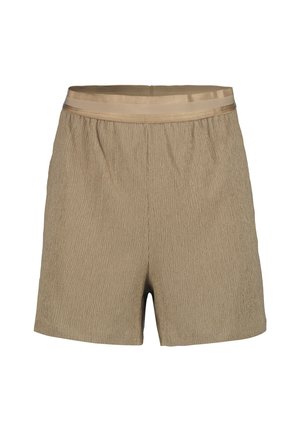 Beżowe szorty z fakturowanej tkaniny z elastycznym pasem, zaprojektowane do noszenia na co dzień.