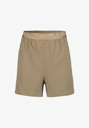 Beige Shorts aus strukturiertem Stoff mit einem elastischen Bund, geeignet für den Freizeitgebrauch.
