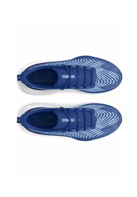 Zapatillas deportivas azules con un upper texturizado, que presenta un patrón de olas, suela acolchada y un sistema de cordones seguro. Diseño duradero y ligero.