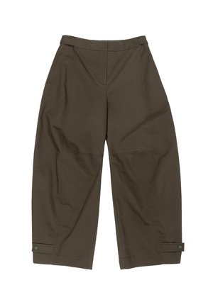 Brown wide-leg pants, made of smooth fabric, featuring a flat front, side pockets, and buttoned cuffs at the hem.