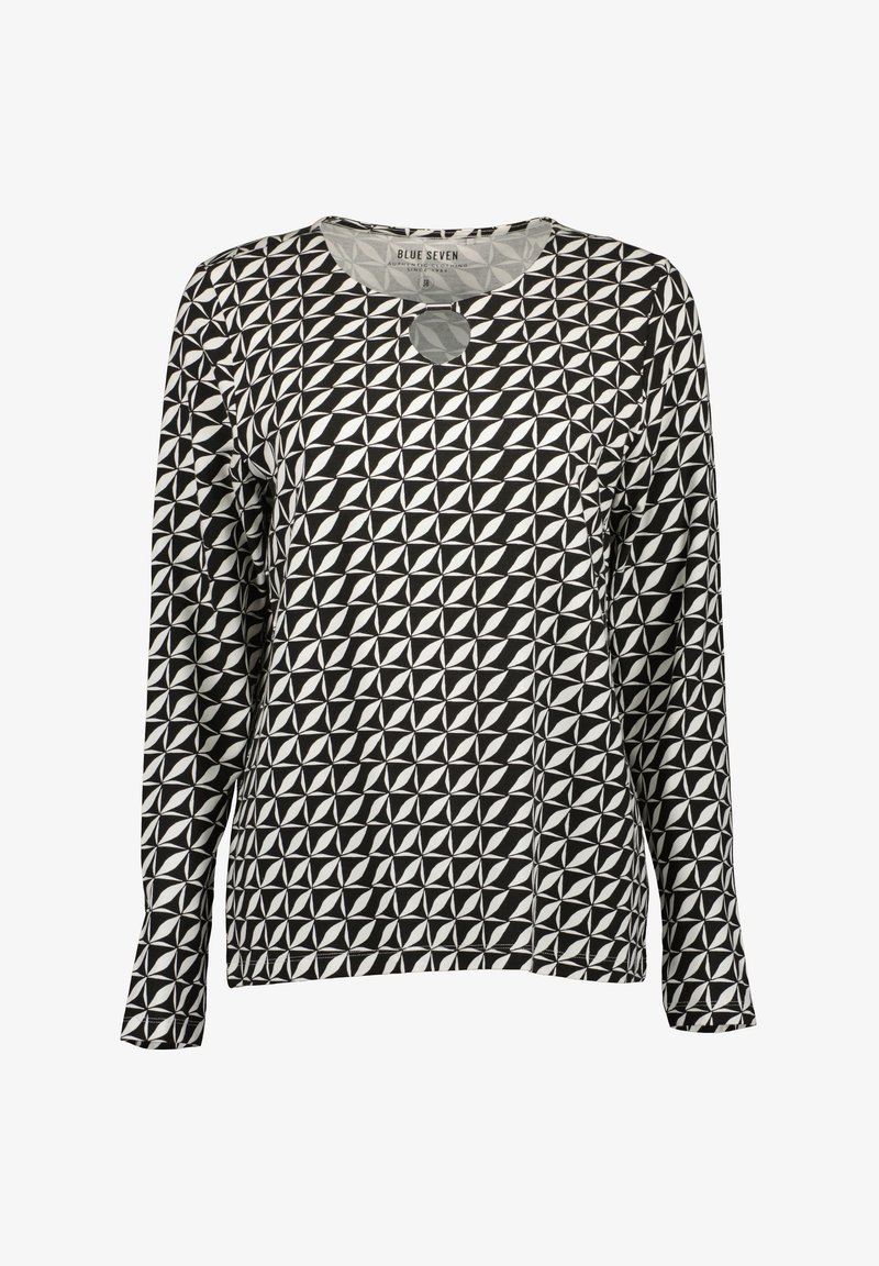 Langärmeliges Oberteil in Schwarz und Weiß, mit einem geometrischen Muster, rundem Ausschnitt und einem kreisförmigen Cutout-Detail an der Vorderseite.