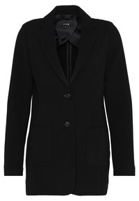 Černý blazer s dvěma předními kapsami, jednopřezkový design, klopové límce a černé knoflíky. Vyrobeno z texturované látky.
