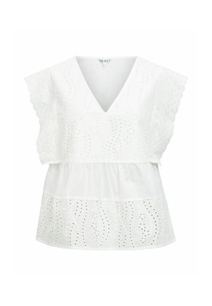 Blouse blanche sans manches avec col en V, broderies ajourées, manches volantées festonnées et ourlet à volants.
