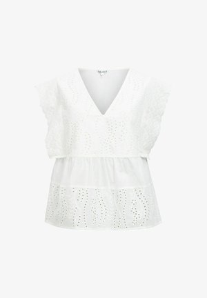 Blouse blanche sans manches avec col en V, broderies ajourées, manches volantées festonnées et ourlet à volants.