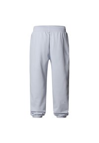 Ljusgrå sweatpants gjorda av mjukt tyg, med elastisk midja och muddar, och en liten logotyp nära vristen.