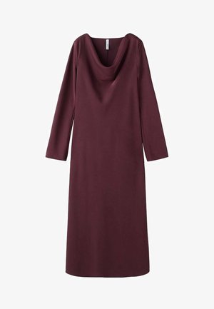 Abito bordeaux a maniche lunghe con collo a scialle, realizzato in tessuto morbido, caratterizzato da un taglio dritto e una lunghezza media.