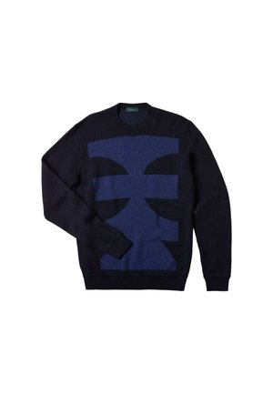 Navy knit sweater with a large blue abstract design. Features a round neck and long sleeves, crafted from soft, textured fabric.