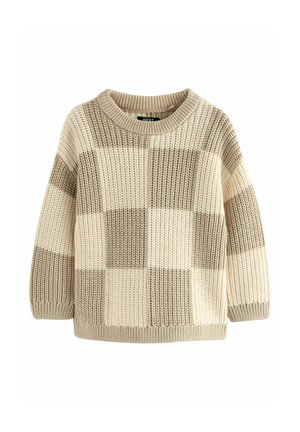 Pull en maille épaisse beige et crème à motif damier, avec col rond, poignets et bas côte.