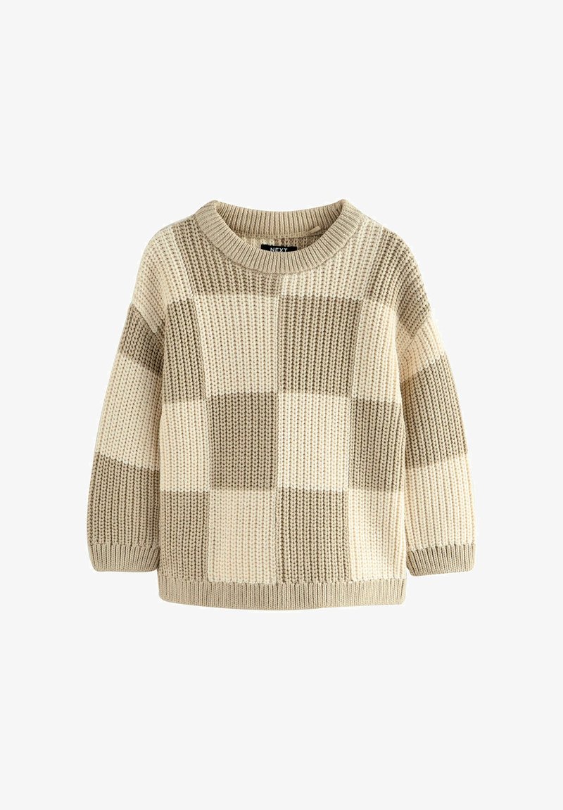 Pull en maille épaisse beige et crème à motif damier, avec col rond, poignets et bas côte.