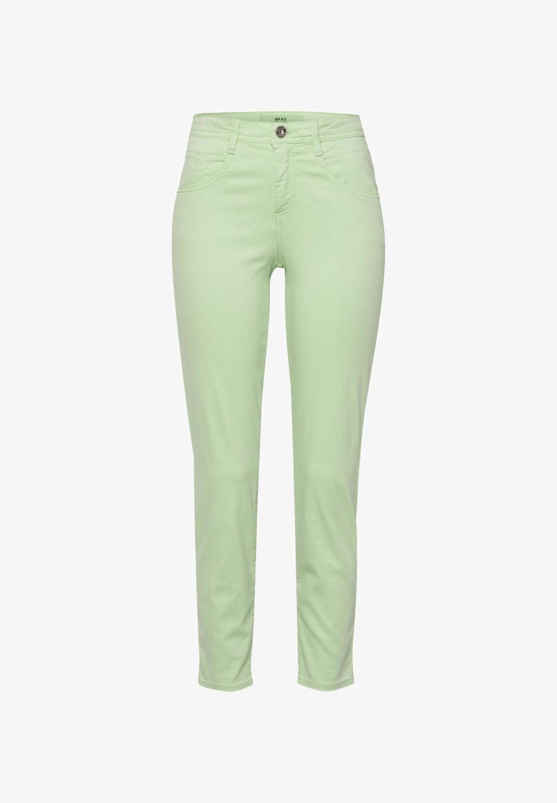 Pantalon slim vert clair avec passants pour ceinture, poches avant et fermeture à boutons, présenté sur un fond blanc.