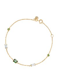 Złota bransoleta z łańcuszka z oszlifowanymi na kształt prostokąta przezroczystymi i zielonymi kamieniami, z małymi okrągłymi zielonymi akcentami. Delikatny wzór ogniwa i bezpieczne zapięcie.