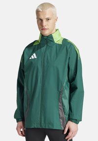 Grüne Sportjacke mit hohem Kragen, limettengrünen Akzenten, Reißverschluss vorne und grauen Seitenpaneelen. Mit dem weißen Adidas-Logo.