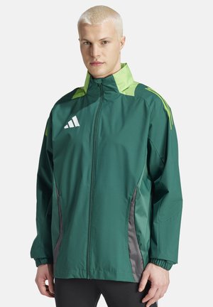 Groene sportjack met een hoge kraag, lime groene accenten, een rits aan de voorkant en grijze zijpanelen. Bevat het Adidas-logo in het wit.