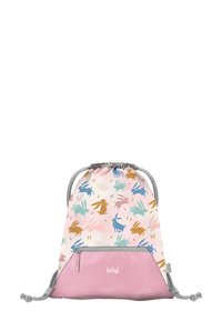 Zaino con cordoncino, parte superiore a motivo rosa con vari conigli colorati e parte inferiore rosa uniforme con tasca con zip.