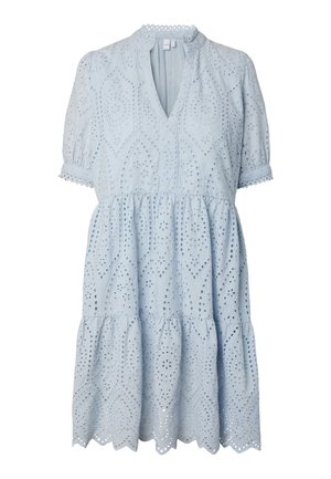 Light blue short-sleeve dress with eyelet embroidery, V-neckline, gathered waist, and scalloped hem detailing.