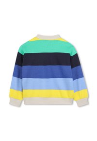 Felpa a strisce colorate con bande orizzontali verdi, blu navy e gialle. Realizzata in tessuto morbido con polsini e colletto a costine.