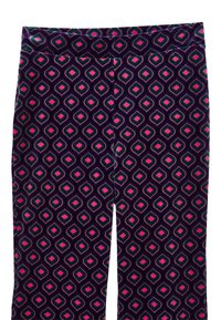 Leggings aus einem weichen, strukturierten Stoff mit einem mehrfarbigen geometrischen Muster aus Rauten in verschiedenen Schattierungen von Rosa, Lila und Grün.