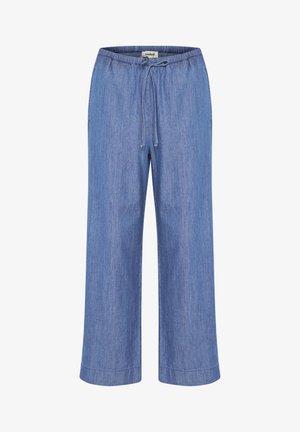 Light blue, wide-leg pants made of soft denim fabric. Features an elastic waistband with a drawstring and cuffed hems.