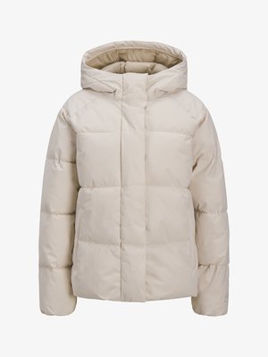 Lichtbeige pufferjack met capuchon, gewatteerd ontwerp, rits aan de voorkant en elastische manchetten. Gladde textuur en geïsoleerde voering.