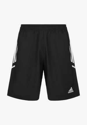 Černé sportovní šortky z lehkého materiálu, s bílými bočními pruhy a vyšitým logem na dolním pravém rohu. Elastický pas.