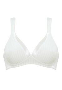 White striped bra with smooth, glossy fabric. Features a triangular cup design, adjustable straps, and a seamless band. No underwire.