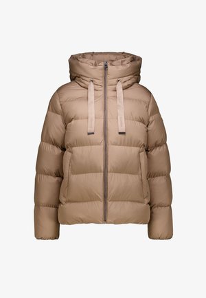 Beige gewatteerde jas met een hoge kraag, ritssluiting en verstelbare banden. Beschikt over gestikte panelen en een losse pasvorm. Zacht, lichtgewicht stof.