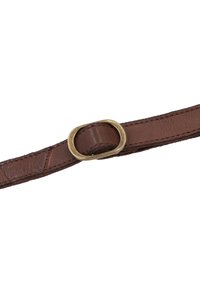 Brun læderrem med en glat tekstur og en rund spænde i guldfarvet metal. Har rene sting langs kanterne for holdbarhed.